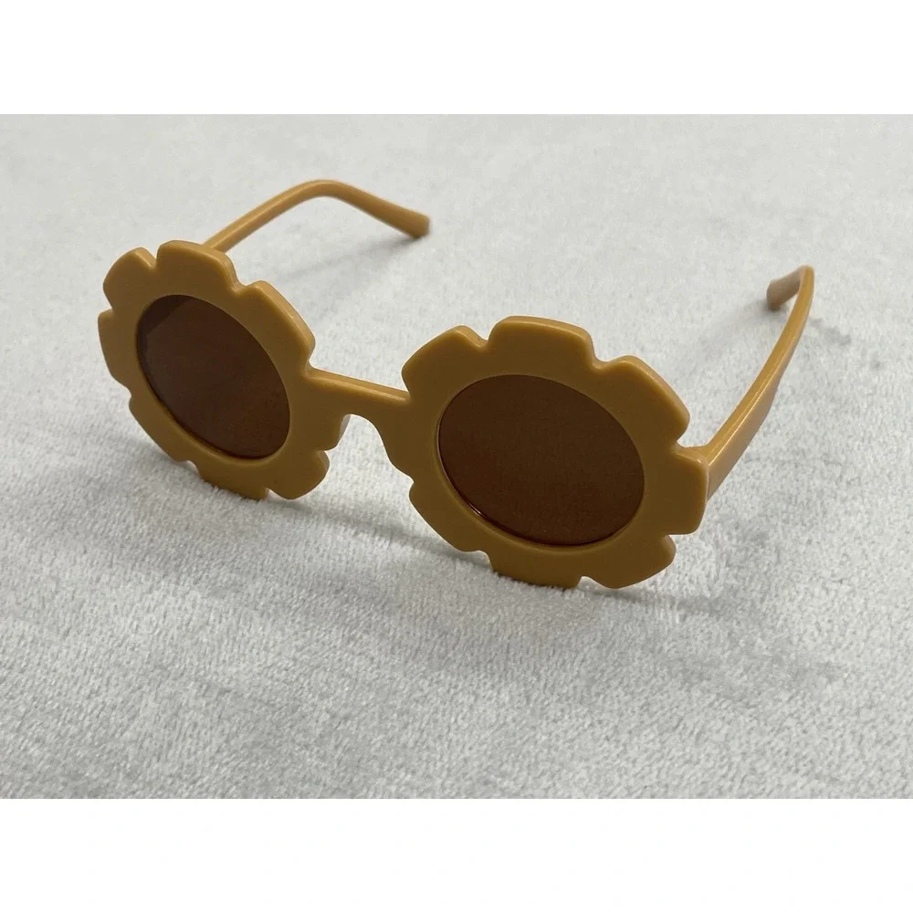 Retro Flower Round Sunglasses Kids Yellow Sunflower Frame Dark Lens w/ Pouch